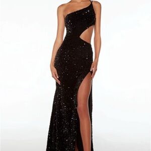 Black One-Shoulder Sequin Cutout Prom Dress with High Slit